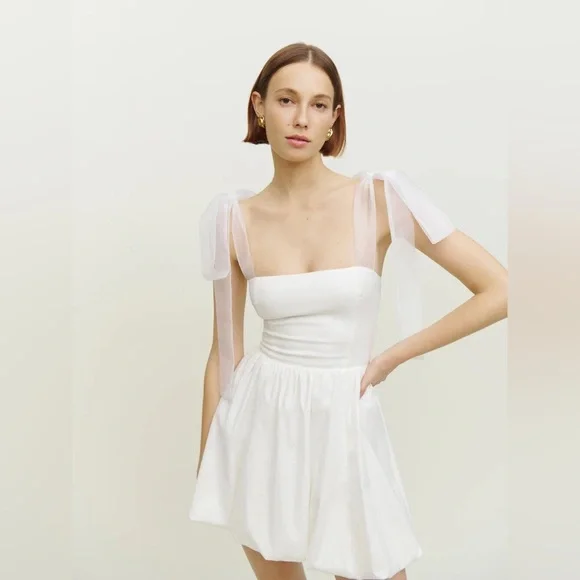 REFORMATION White Enza Square Ribbon Tie Strap Bubble Hem Minidress size 6 Small - Picture 1 of 16